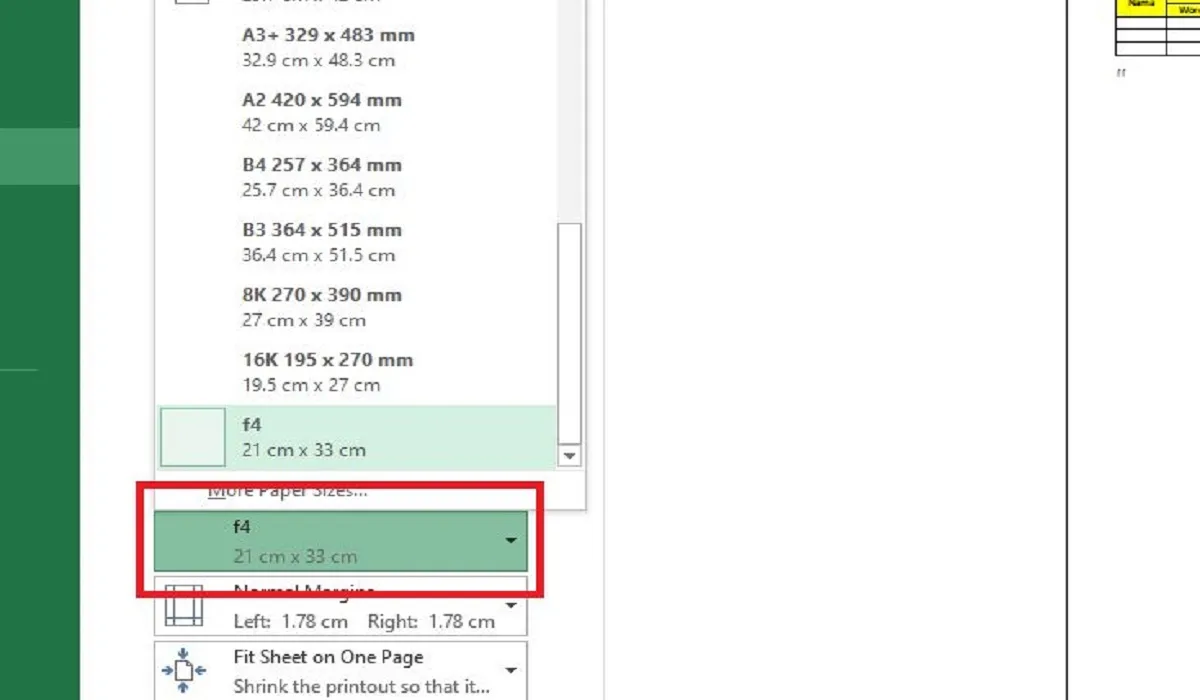 Membuat ukuran kertas F4 di Excel 2016